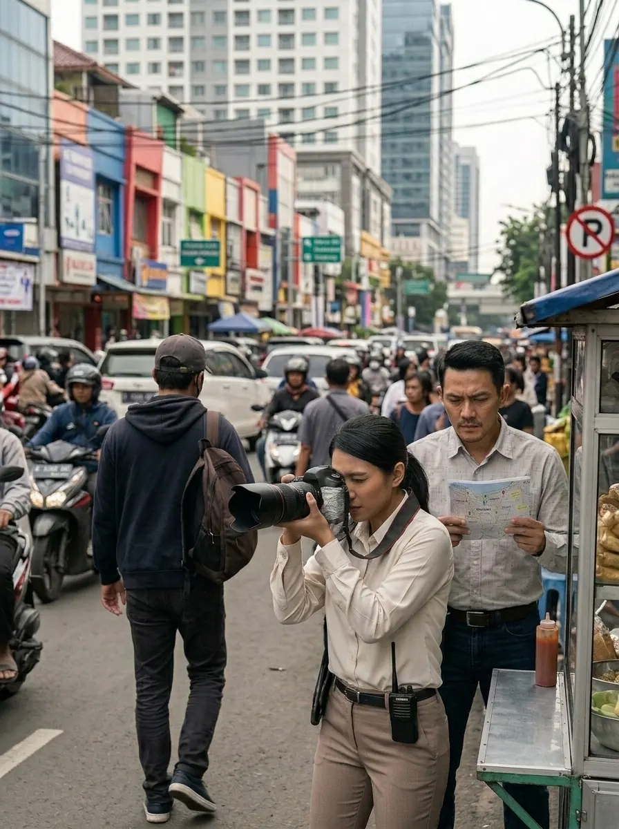Investigator photographing a subject on a busy Jakarta street